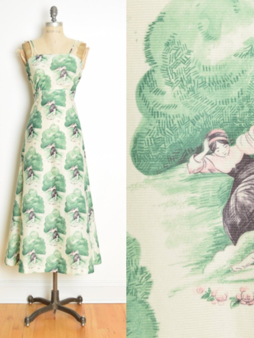 vintage 70s maxi dress mint green novelty print hippie boho sundress XXS